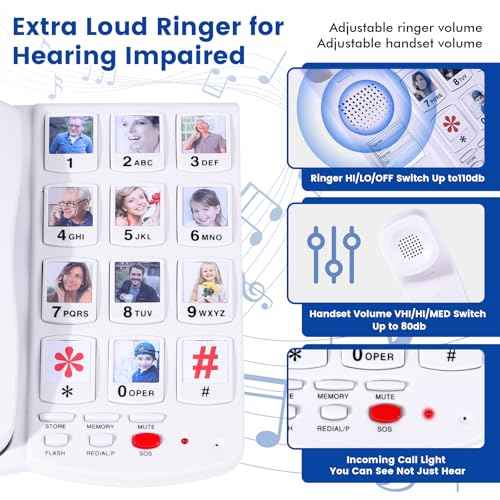 Big Button Phones for Seniors, Phone for Elderly with Dementia - 110dB Ringer Home Phone with 10 Photo Buttons for Easy Dialing - Hearing Impaired Telephone, Corded Landline Phones for Home
