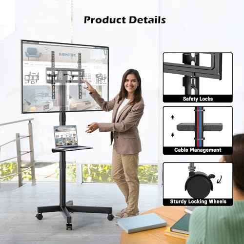 BONTEC Mobile TV Stand with Tilt Function, Rolling TV Stand for 23-60" LED, LCD, OLED TVs, Holds up to 88lbs, Max VESA 400x400mm, Adjustable Media Shelf (Black, 17.1x15.1x53.1 in)