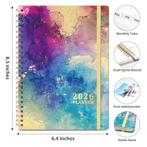 2026 Planner, Weekly and Monthly Calendar Planner Book, January 2026 - December 2026, Hardcover Spiral Planner with Monthly Tabs, Notes Pages, Perfect for Women & Men, A5 (6.4" x 8.5") - Gold