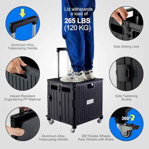 Folding Utility Cart Portable Rolling Crate Handcart Shopping Trolley Collapsible Tool Box, with Lid, Basket on 4 Rotate Wheels, for Grocery, Office, Luggage, Teacher (Black)