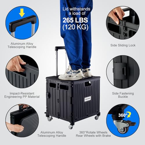 Black Folding Utility Cart with Lid – Portable Rolling Handcart for Grocery, Office, Travel