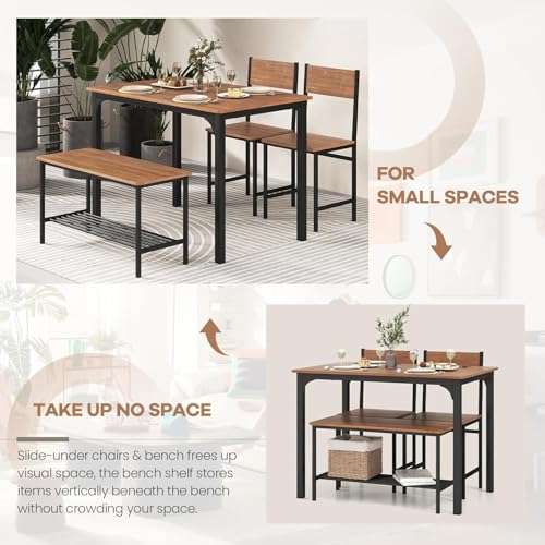 NAFORT Brown 4-Piece Industrial Dining Set with Bench – 43.5''L x 27.5''W, Rustic Wood & Black Metal