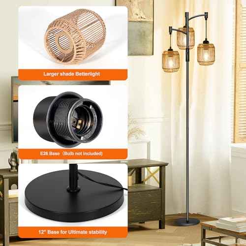 Boho Floor Lamps for Living Room, 65'' Dimmable Farmhouse Rattan Standing Lamp with LED Bulbs, 3 Light Tree Rustic Tall Lamps for Bedroom, Office, Rotary Switch
