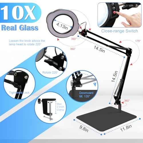 2-in-1 Desk Lamp & Clamp Light, 10X Magnifying Glass with Light and Stand, 5 Color Modes 10 Brightness Dimmable LED Desk Lamp,14.5inch Adjustable Swing Arm for Reading Crafts Painting Close (Black)