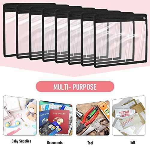 Outus 8 Pcs Clear Zipper Pouches Pencil Pouches PVC Makeup Pouch Envelopes Folder Storage Multi Purpose Pouch Document File Organization Bags, Office Supplies (Black Edgin,13 x 10.5 Inches)