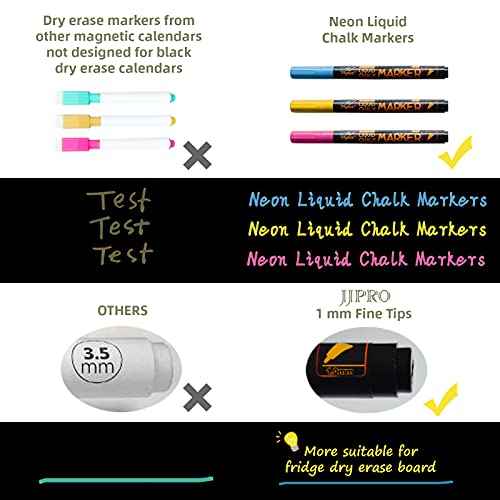 Magnetic Chalkboard Monthly Calendar with neon Bright Liquid Chalk Markers ? Black Refrigerator Monthly Planning Board w/Bonus - Grocery List and Notepad for Kitchen Refrigerator