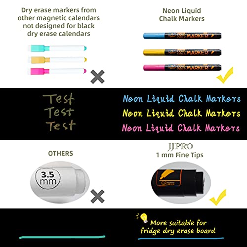 JJPRO Monthly Magnetic Chalkboard Calendar with Neon Liquid Chalk Markers - Black Refrigerator Planner Set
