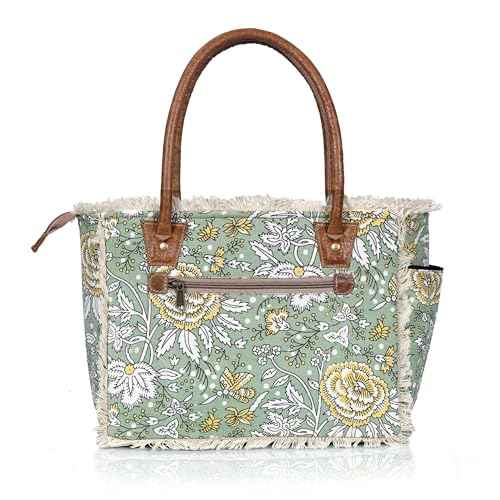 Boho Floral Canvas Tote Bag ? Large Green Shoulder Bag with Fringe & Leather Handles | Laptop/Work/Everyday Bag for Women