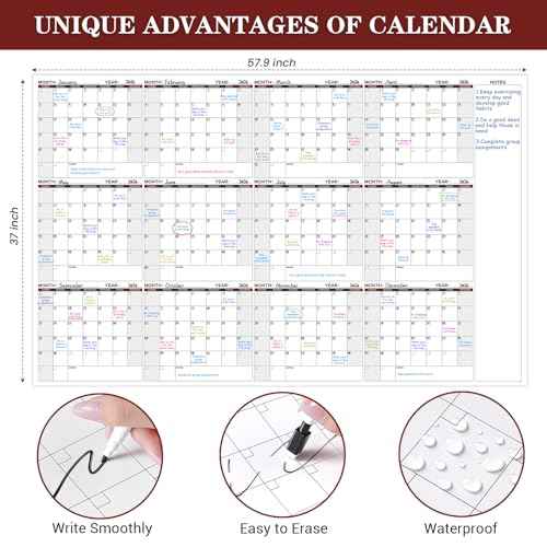 Large Dry Erase Calendar for Wall ? Yearly Wall Calendar Dry Erase, 37" x 57.9", 12-Month Undated Erasable & Reusable Laminated Wall Calendar, 15 Round Stickers, Perfect for Home, Office and School - Black With Red