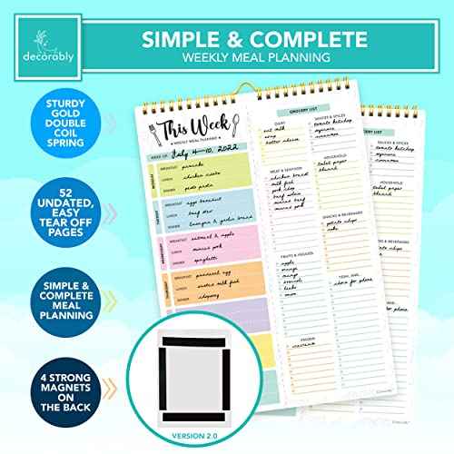 Decorably 52 Sheets Pastel Undated Weekly Meal Planner and Grocery List with Strong Magnets, 8.5x11in Spring-Bound Magnetic Meal Planning Notepad, Weekly Menu Planner Pad