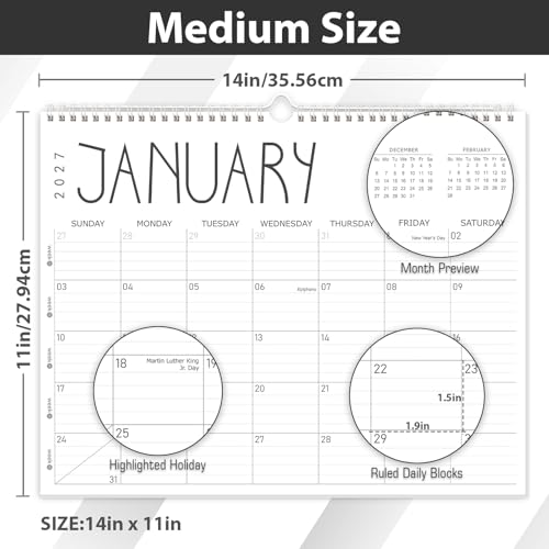 GuassLee 2027 Wall Calendar Jan-Dec 12 Months 14x11 Inches Minimalist Design