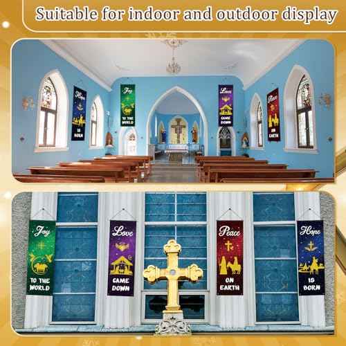 4 Pcs Church Banners, 2 x 6 Feet Nativity Scene Church Banners For Sanctuary Wall Christmas with Scripture Christian Hanging Signs for Holiday Nativity Decor