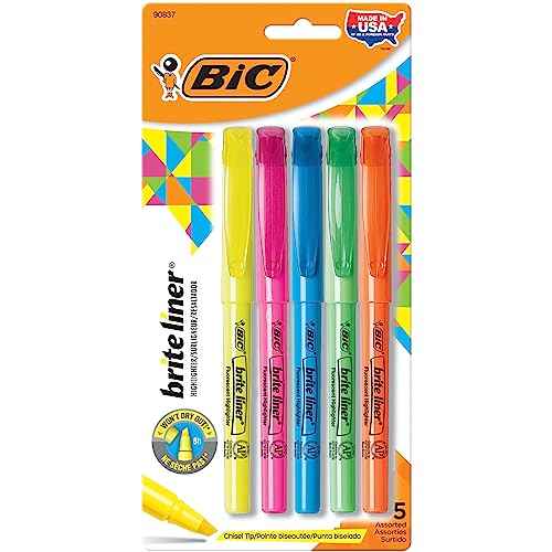 BIC Brite Liner Highlighters, Chisel Tip, 5-Count Pack of Highlighters Assorted Colors, Ideal Highlighter Set for Organizing and Coloring