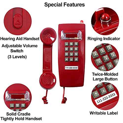 Traditional Red Wall Phones for Landline Mechanical Ringing, Classic 2554 Wall Telephone Ringing Indicator, Retro Wall Phone Hearing Aid, Old Wall Mount Phone for Home,School, Backup Telephone