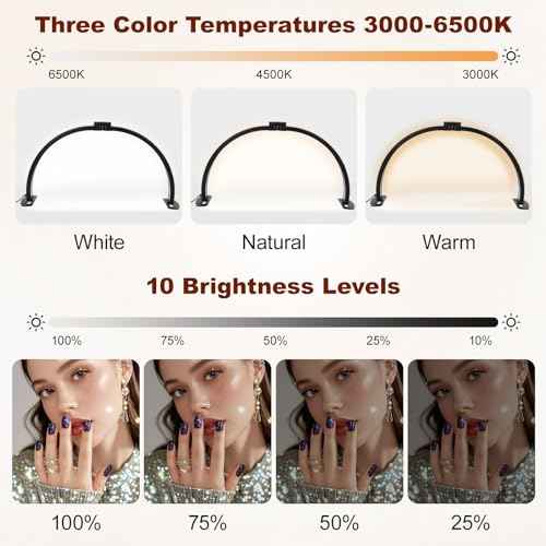 FAHKNS Half Moon Light for Nail Desk with Shining Diamond, 28IN LED Lamp with Phone Holder, Desk Lamp with 10 Levels of Adjustable Brightness, 3000-6500K Color Temperature, Black