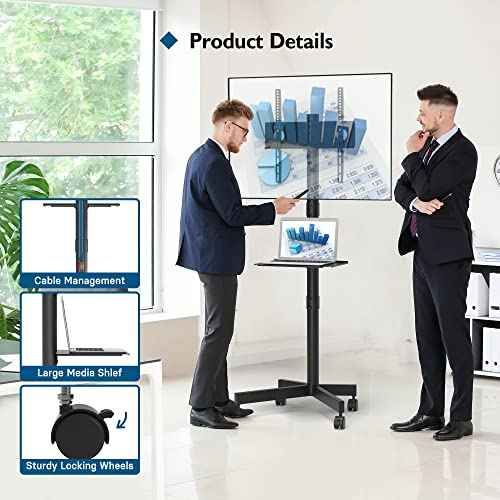 BONTEC Mobile TV Stand for 23-60 Inch TVs, Rolling TV Stand with Locking Wheels, Adjustable Height, Media Shelf, Max VESA 400x400mm, Holds Up to 88lbs
