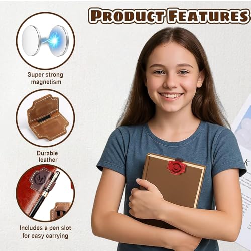 Custom Bookmark with Pen Holder with 26 Letters Personalized Magnetic Leather Book Mark, Customized Name Book Marker Clip with Initial for Men Women, Gifts for Book Lovers, Readers, (Red, M)