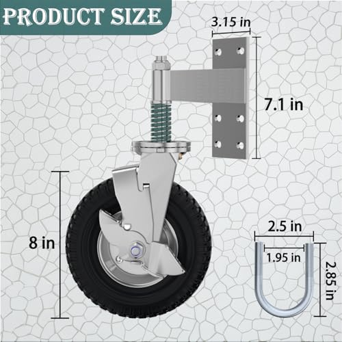 Gate Wheel with Brake, 8 Inch Wheel Diameter, 15.4 Inch Height, Suit for Metal Tube & Wooden Gates, 700lbs Capacity, Spring-Loaded Heavy Duty Rubber Casters, Silver