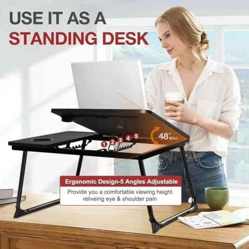 Adjustable Laptop Desk for Bed Couch£¬Foldable Bed Table, Portable Lap Desk with Cup Holder£¬Breakfast Tray Bed Tray tableI for Writing, Eating (Black)