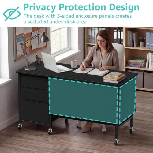 46.6-Inch Mobile Teacher Desk with File Cabinet & Privacy Panel, Black
