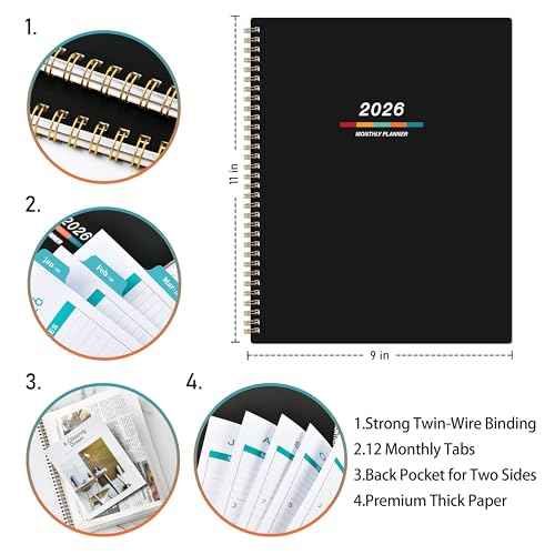 2026 Monthly Planner - Monthly Planner/Calendar 2026, 9" x 11", Jan 2026 - Dec 2026, Large, Twin-Wire Binding, 12 Months Tabs, Holidays, Two-Sided Pocket, Thick Paper