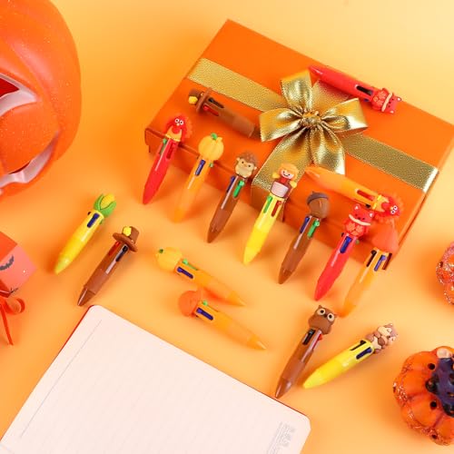 100 Pcs Thanksgiving Colorful Multicolor Pen in One Cartoon Cute Fun 4-in-1 Cute Pens Bulk Kawaii Maple Leaves Pumpkins Scarecrows and Turkeys Shape Cool Ballpoint Pens for Kids Fun Gifts