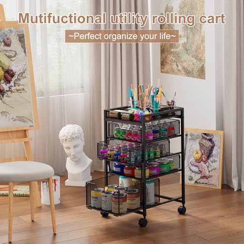 Hayexiha Rolling Utility Cart with 4 Drawers - Black, Lockable Wheels & Adjustable DIY Dividers