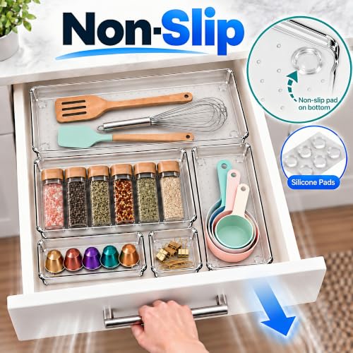 10 Pack Clear Drawer Organizer Trays - 5 Sizes Non-Slip Storage Bins