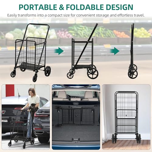 YITAHOME Folding Shopping Cart with Wheels, Large Rolling Grocery Cart, Reinforced Mesh Bottom, Foldable Utility Cart for Groceries, Laundry & Storage (Portable, Collapsible, Sturdy)