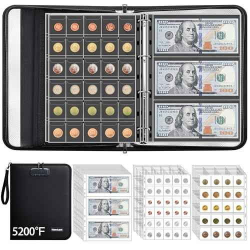 5200¢µ Coin Collection Album with Lock, 400 Pockets Fireproof Coin Book & 36 Paper Currency Binder Sleeves, Coin Holder with Aluminum Foil Lining, Collecting Organizer for Pennies,Bill,Stamps,Badges