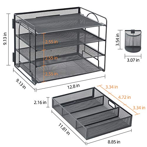 Marbrasse Desk Organizer and Accessories4-Tier Paper File Letter Tray Accessories & Workspace Desk Organizers with Drawer and 2 Pen Holders for School Home Office Supplies (Black)
