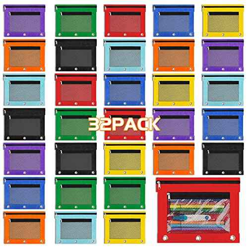32 Colorful Pencil Pouches with Zipper - 3 Ring Binder Pencil Case for Classroom & Teacher Supplies