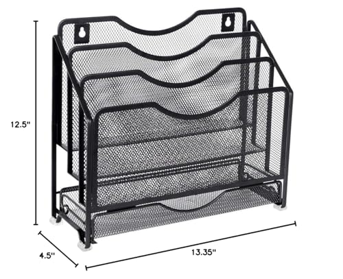 EasyPAG Mesh Desk Paper Organizer Wall Hanging File Holder with 3 Upright File Organizer and Sliding Drawer,Black