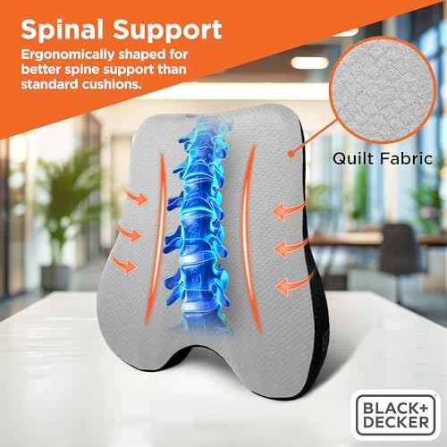 BLACK+DECKER Memory Foam Lumbar Support Pillow ? Lumbar Cushion for Office, Car, Wheelchair & Airplane ? Ergonomic, Pain Relief, Adjustable Strap, Washable Cover, Grey/Black