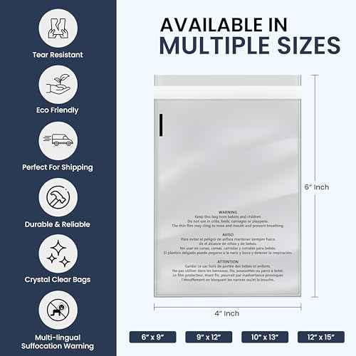 9x12 Clear Poly Bags with Suffocation Warning, 200 Pack | FBA-Compliant Self-Seal Packaging Bags for Clothing, Shipping, Retail, Storage, Mailing | Crystal Clear Plastic Bags Bulk