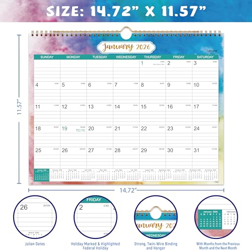 2026 Calendar - 2026 Wall Calendar from Jan. 2026 - Dec. 2026, Wall Calendars 2026 14.8'' x 11.5'', 12 Months with Julian Date, Thick Paper, Large Block