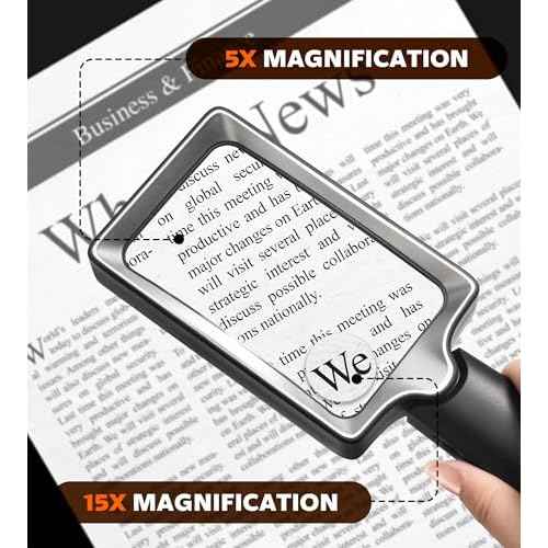 Magnifying Glass with Light - 5X 15X Lighted Magnifier with 20 LED, Large Handheld Magnifying Glasses Illuminated Rectangle Magnifier for Seniors Reading Low Vision Close Work Inspection