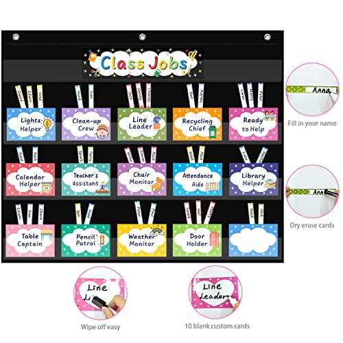 REGELETO Class Jobs Pocket Chart with 70 Colorful Dry Erase Cards and 3 Hooks,Class Management Educational Pocket Chart Teacher's Helper Size: 24.5¡±x21.8¡±inch Bulletin Board for Classroom (Black)