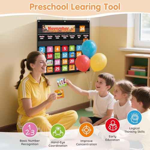 Classroom Calendar Pocket Chart with 88 Cards - Ideal for Homeschool, Classroom & Office, Durable Nylon Wall Hanging Calendar for Early Learning (Black)