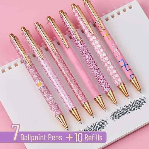 Mr. Pen- Fancy Pens for Women, Pink Paradise, 7 Black Ink Ballpoint Pens with 10 Refills, 1.0mm, Cute Pens for Journaling
