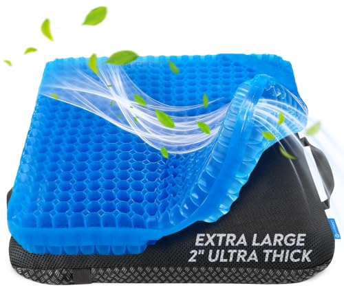 X-Large Gel Seat Cushion for Long Sitting – 2 Inch Ultra Thick, Non-Slip, Portable for Office/Car/Wheelchair