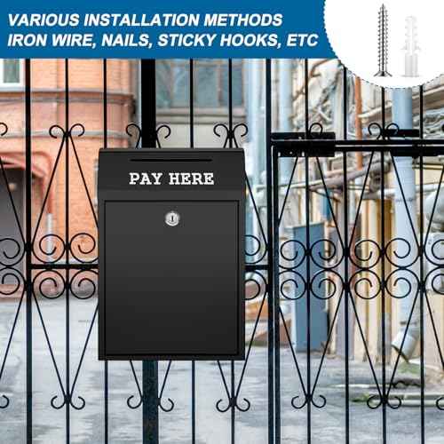 Safe Cash Box Money Collection Metal Donation Box with Lock Wall Mount Pre Drilled Mailbox Delivery Ballot for Home Office Outdoor Self Serve Stand(Black,11.8 x 8.6 x 4.7 Inch)