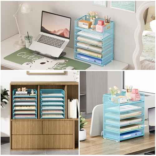 Subekyu 6-Tier Desk Paper Organizer, Desktop File Letter Tray with Handle, Document Sorter and Accessories Holder for Office, Home and School Workspace Organizers, Blue-2 Pack