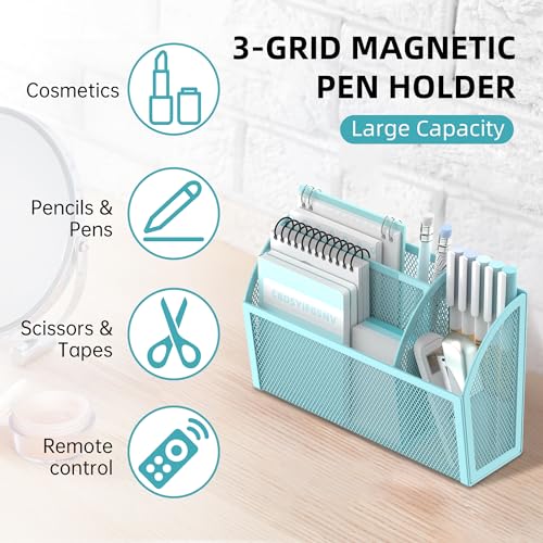 DALTACK Blue 3-Grid Magnetic Pencil Holder - Strong Magnet Locker Organizer