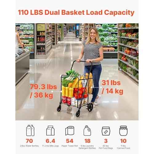 VEVOR Folding Shopping Cart, Jumbo Grocery Utility Cart with Double Baskets, 360¡Æ Swivel Wheels, 110 LBS Large Capacity Heavy Duty for Laundry, Shopping, Grocery, Luggage, Black