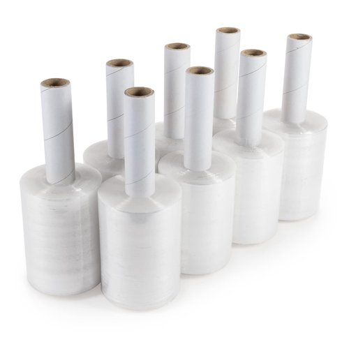 IDL Packaging 5"x 1000' Stretch Wrap Mini Roll of 80 Gauge with Extended Cardboard Handle (Pack of 8 Rolls) - Extra Sticky Clear Plastic Wrap Film - Great for Moving and Office Needs
