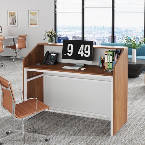 Tribesigns Walnut Reception Desk with Counter, Modern Front Desk for Office & Retail