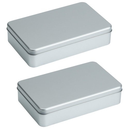 AnRui 2Pcs Silver Metal Tin Box with Lid - 7.1 x 4.33 x 1.57 inch Small Metal Containers Portable Box Holder for Candies, Pills, Crafts, Jewelry, Cash, Watercolor, Car Keys