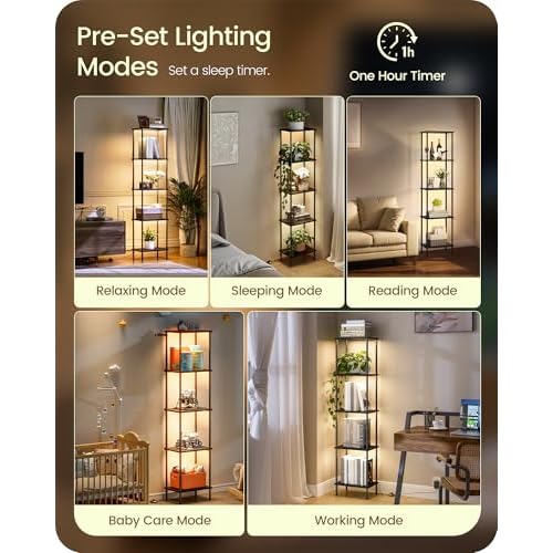 Display Shelf with Light, 5-Tier Shelf Lamp, Corner Floor Lamp with Shelves, Dimmable LED Floor Lamp for Living Room with Remote and Foot Control, 3CCT, Timer, Standing Lamp, Corner Bookshelf B52LD05