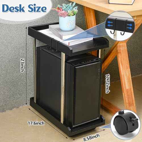 2 Tier PC Computer Tower Stand with Two Hooks 6 Locking Caster Wheels 23 x 17.6 x 8.58 in Black Under Desk Mobile PC Rolling Stand for Floor CPU Holder Cart ATX-case Cart for Office Home
